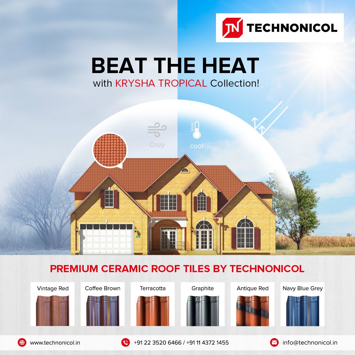 🌟 Elevate your home with our KRYSHA TROPICAL collection - PREMIUM CERAMIC ROOF TILES BY TECHNONICOL !

 🏡🌿✨ Experience year-round comfort as they keep you cool in the heat and cozy in the cold. 🏡✨🌞🔥 

#technonicolindia #ceramictiles #roofingsolution #premiumrooftiles