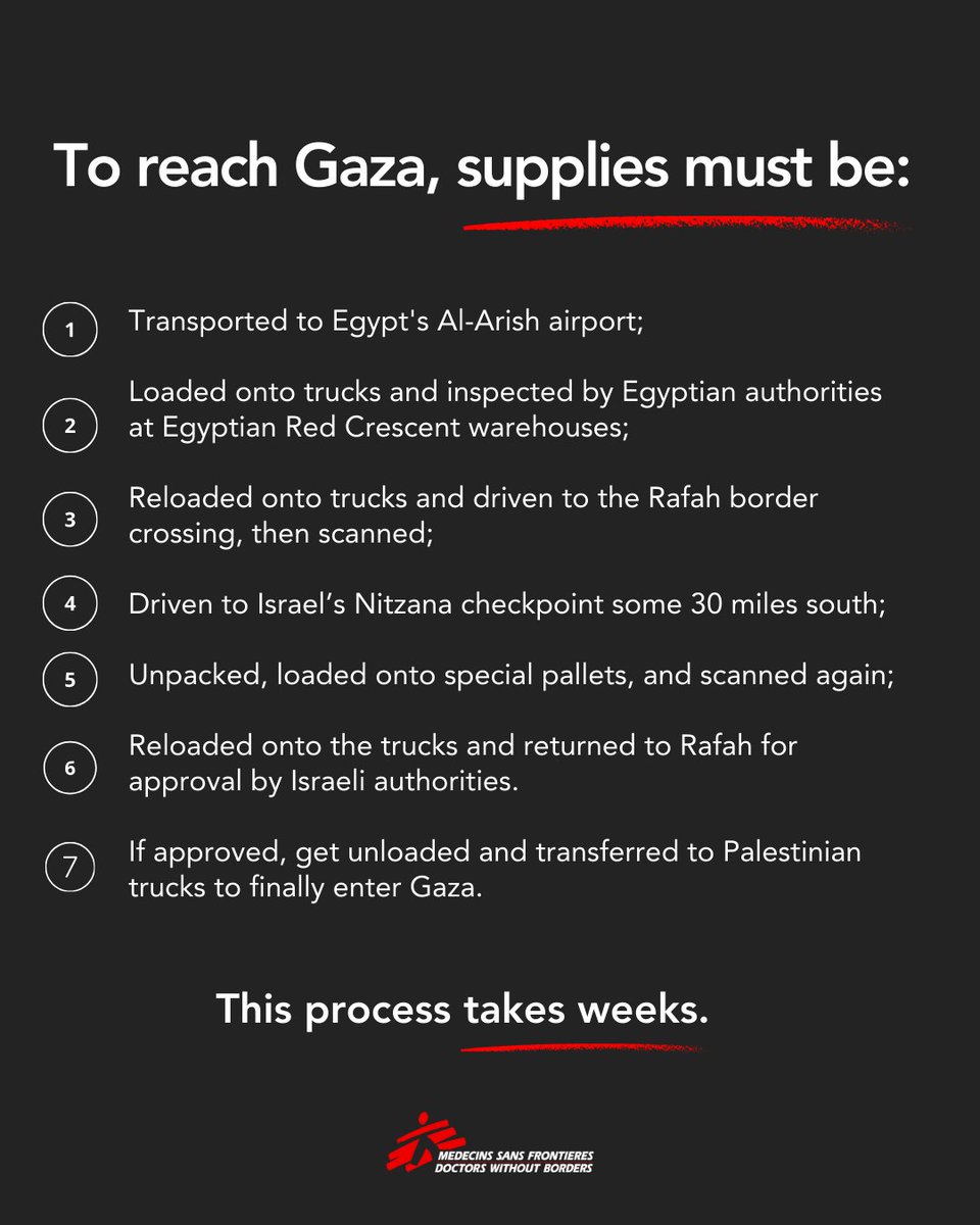 🔴Delivering lifesaving supplies into Gaza is nearly impossible amidst Israeli authorities' blockades, delays and restrictions on humanitarian aid and essential medical supplies. Here's an inside look at the process of delivering lifesaving aid to Gaza👇 msf.org/near-impossibl…