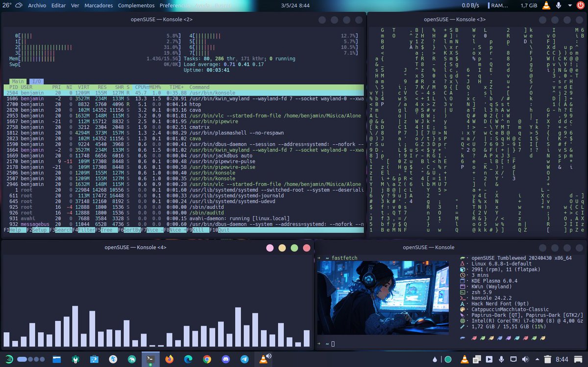 Estrenando fastfetch... Para el  #ViernesDeEscritorio y por supuesto en #openSUSE Tw. #GNULinux #Linux
