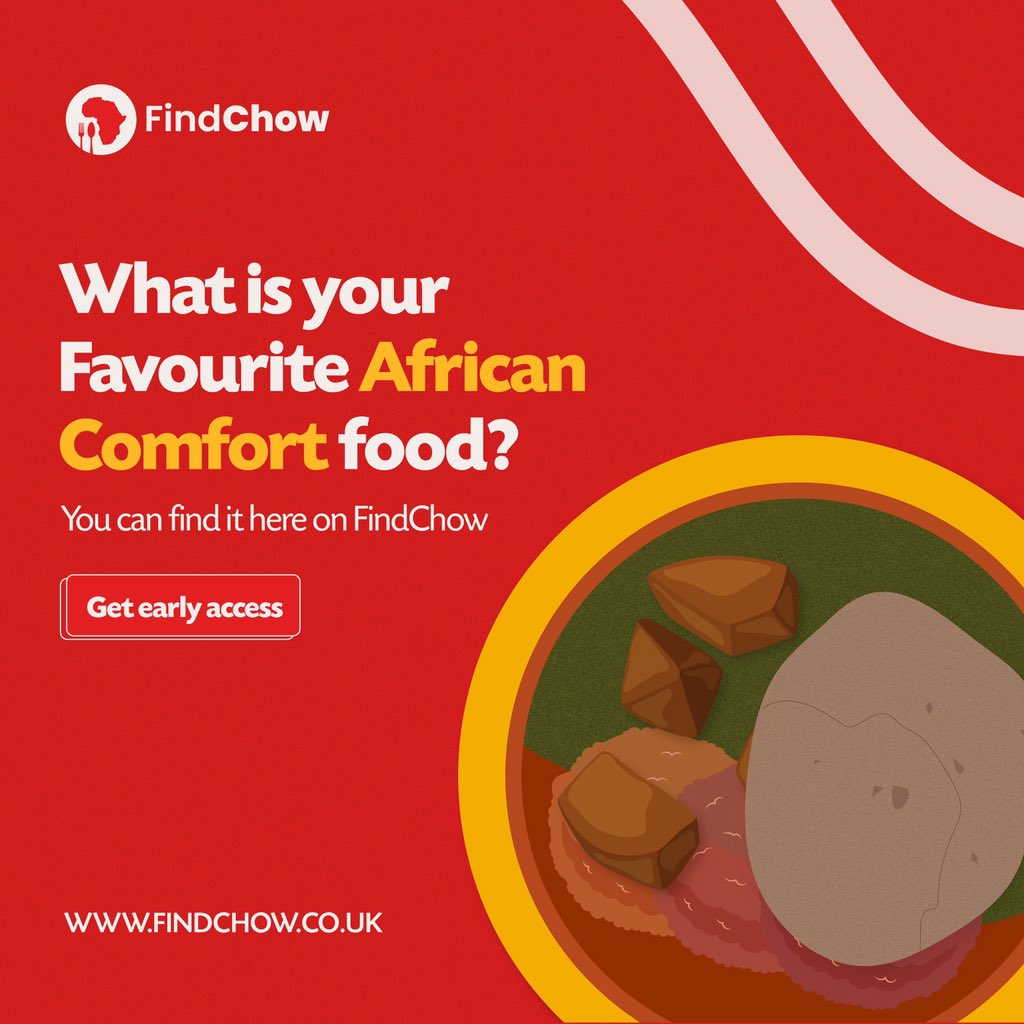 FindChow is bringing all the favs to you this May. 🎉

Tell us what your favourite African comfort food is and we'll let you know how to find them on FindChow.

Sign up for early access now at findchow.co.uk

#findchowuk #africanfood #fooddelivery #comfortfood