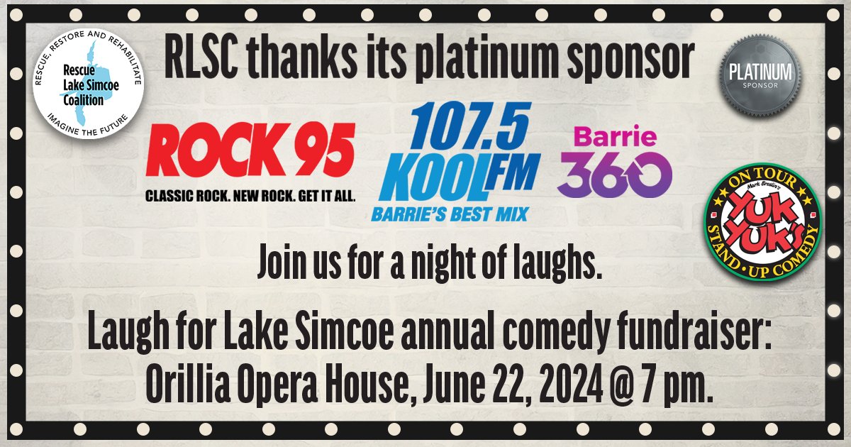 Rockin! Thanks to our first and only media sponsor, @Rock95Barrie @KoolFMBarrie @Barrie360! Laugh For Lake Simcoe with @ronjosol, @RealFionaO and @JeffMcEnery Read about the comedians and get tickets: rescuelakesimcoe.org/event/laugh-fo…