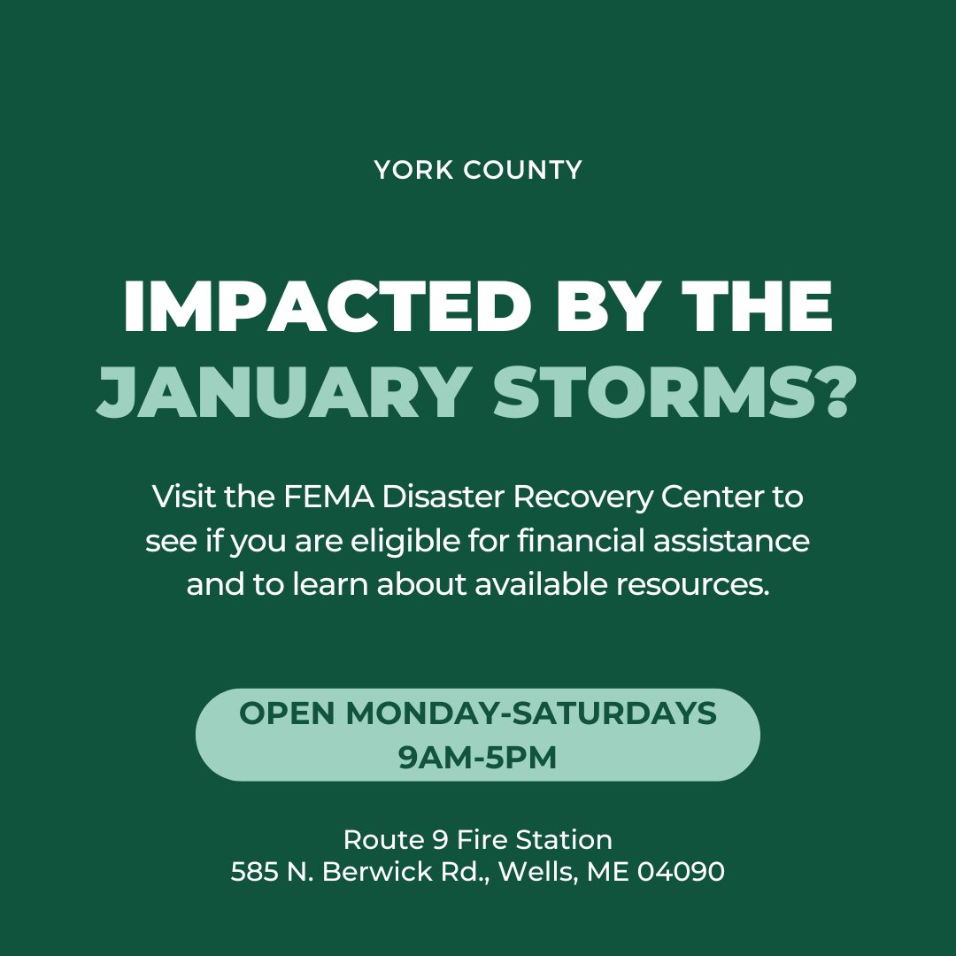 To learn more or apply for assistance, stop by the Wells Disaster Recovery Center, visit DisasterAssistance.gov, or call 1-800-621-FEMA. #disasterrecovery #stormdamage