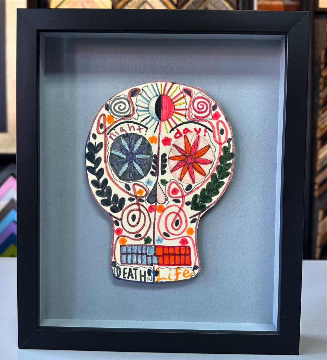 💀 Day of the Dead skull custom framed using acid-free matting, museum glass and frame by @LarsonJuhl! #art #denver #colorado #pictureframing #customframing #5280customframing #shadowbox #dayofthedead @truvueglazing @Crescent_CP