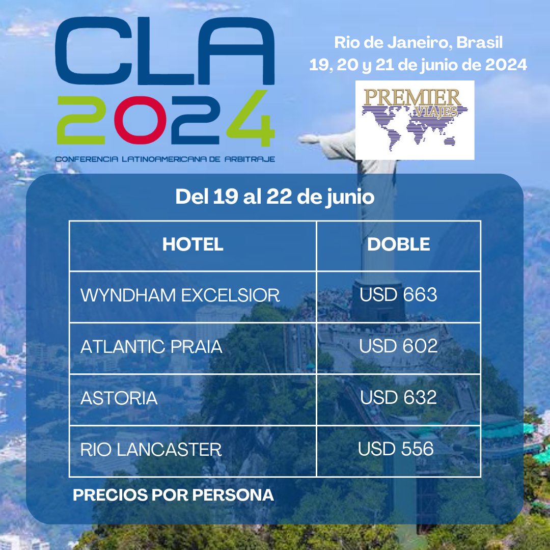 clarbitraje's tweet photo. ¡No te pierdas la oportunidad de ser parte de la CLA 2024 y su sección joven CLA-40 con estas increíbles opciones Asunción-Río!

¡Viaja con comodidad y disfruta de este importante evento en una de las ciudades más emocionantes de Latinoamérica!

#CLA2024 #CLA40 #PremierViajes https://t.co/tfLeUDyZ22