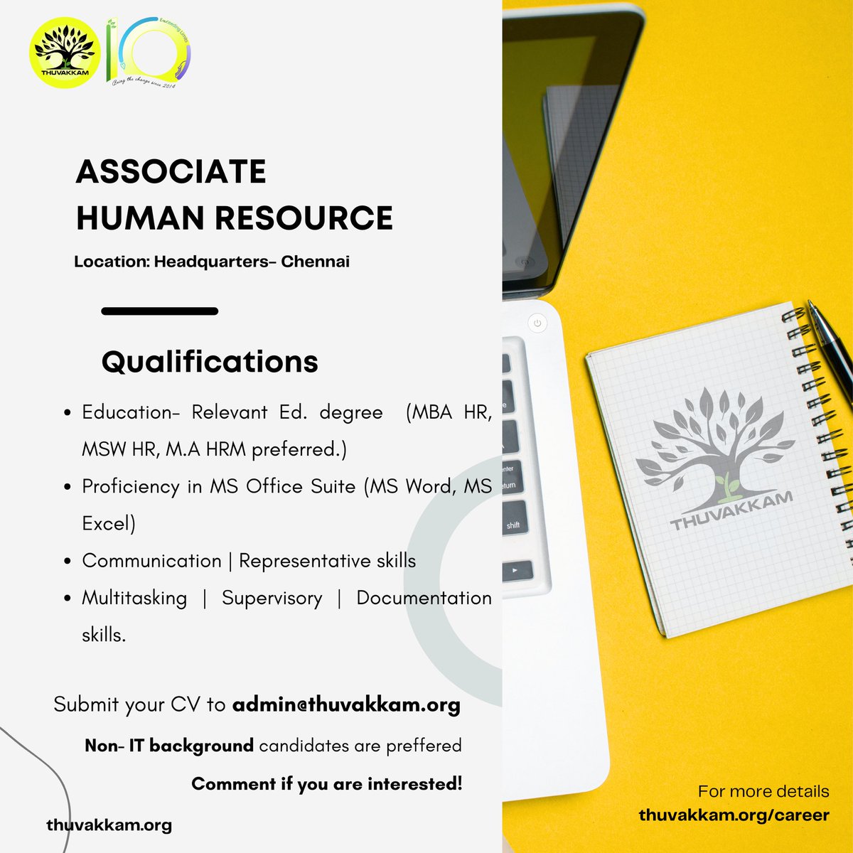 Job vacancy in Thuvakkam. We require an Associate- Human Resource to join our team immediately. Mail us your resume at mailto:admin@thuvakkam.org

Comment in the post if you are interested!

#jobvacancy #recruitment #thuvakkam #hiringpost #hiring #hr #humanresrouce #jobsinchennai