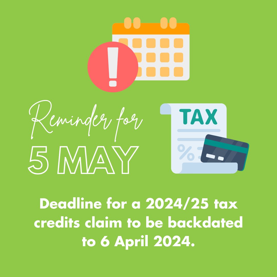 The deadline to backdate a 2024/25 tax credits claim to 6 April 2024 is on Sunday!  
 
Don’t miss out, keep on top of your tax deadlines with our team’s support. 
 
#TaxDeadline #TaxCredits