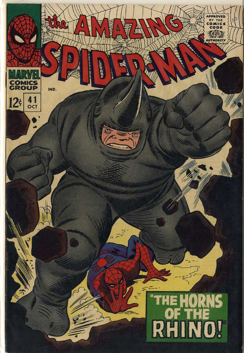 #TheAmazingSpiderMan #Romita #Rhino The Rhino first appears in issue #41. I tend to think of him as being more of a Hulk villain these days, as he's fought Hulk more often over the years, but he started off being a Spider-Man villain. Here's my copy of #41. Dig those K-tones