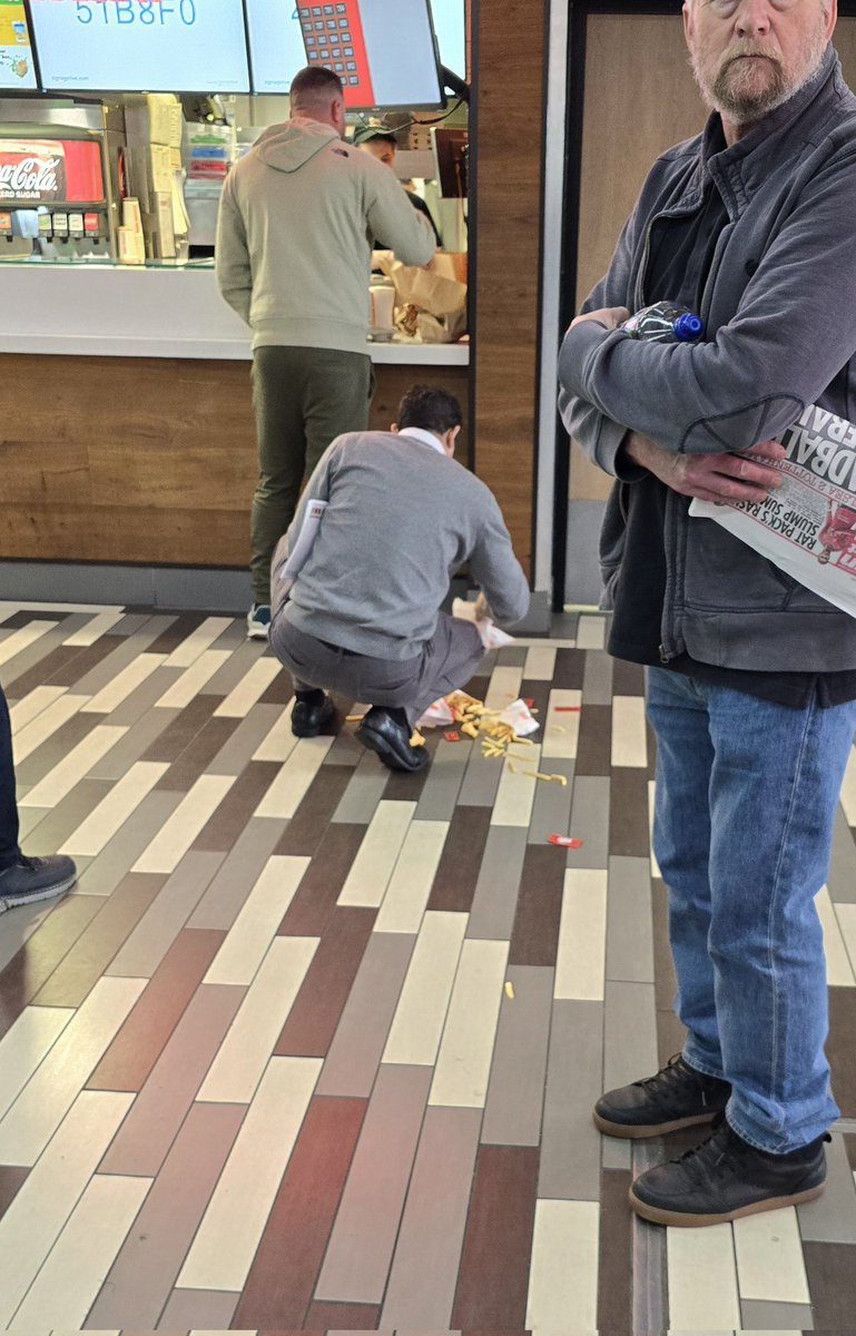 Just when you think the queue at burger king Gordano services can't get any worse, someone with a massive orders bag has just split dropping everything on the floor..
