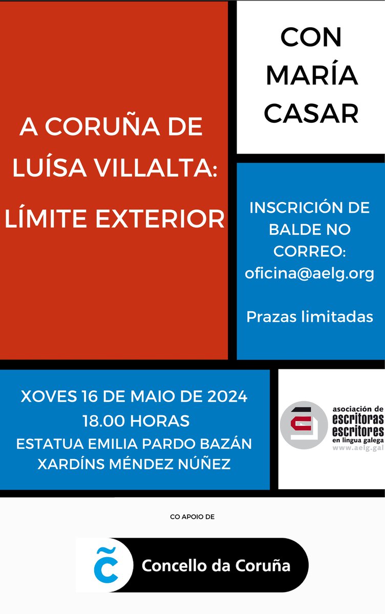 O Roteiro A Coruña de Luísa Villalta: límite exterior, guiado por María Casar, presidenta da A. C. Ergueitas, terá lugar finalmente o 16 de maio, ás 18:00 horas. Tes toda a información aquí: aelg.gal/actividades/pa… @Cultura_Coruna