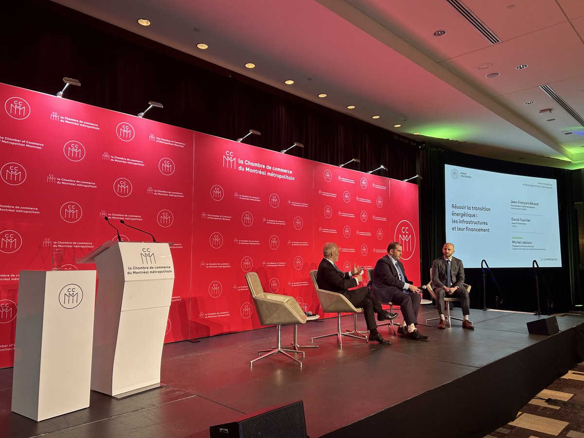#ForumCCMM  | Le premier panel de la journée explore les stratégies pour réunir les investissements permettant aux grands projets d’infrastructures de réussir leur transition énergétique. Avec nous :

🟢 Jean-François Béland - <a href="/InvestQuebec/">InvestissementQuébec</a>
🟢 <a href="/David_Tournier/">David_Tournier</a> - <a href="/LaveryAvocats/">Lavery</a>