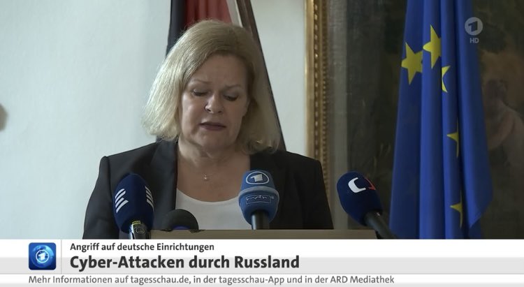 Allemagne 🇩🇪 la ministre de l’intérieur #NancyFaeser rend la Russie 🇷🇺 (GRU) responsable des attaques cyber massives contre les entreprises et administrations d’Etat de l’année dernière. L’ambassadeur russe à Berlin a été convoqué