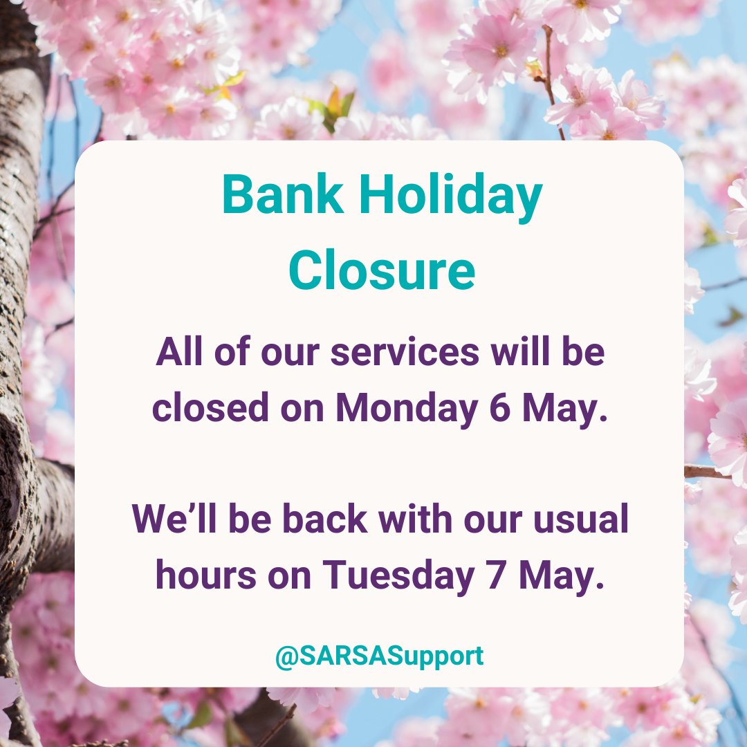 Our support services will be closed on Monday 6 May. We'll be back as usual on Tuesday 7 May. If you need some extra support during this time, then you can contact: 24/7 National Rape & Sexual Abuse Support Line 📞 Call free on 0808 500 2222 💻 rapecrisis.org.uk