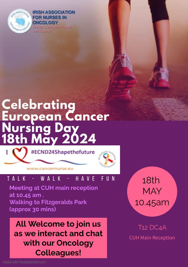 Join Cork Network IANO members as we celebrate European Cancer Nursing Day #ECND24 on Sat May 18th. Meeting @CUH_Cork 10.45am & walking to Fitzgerald Park. All welcome! #ECND24Shapethefuture @cancernursecuh @cancernurseEU @IANOCancerNurse @CUH_Cork