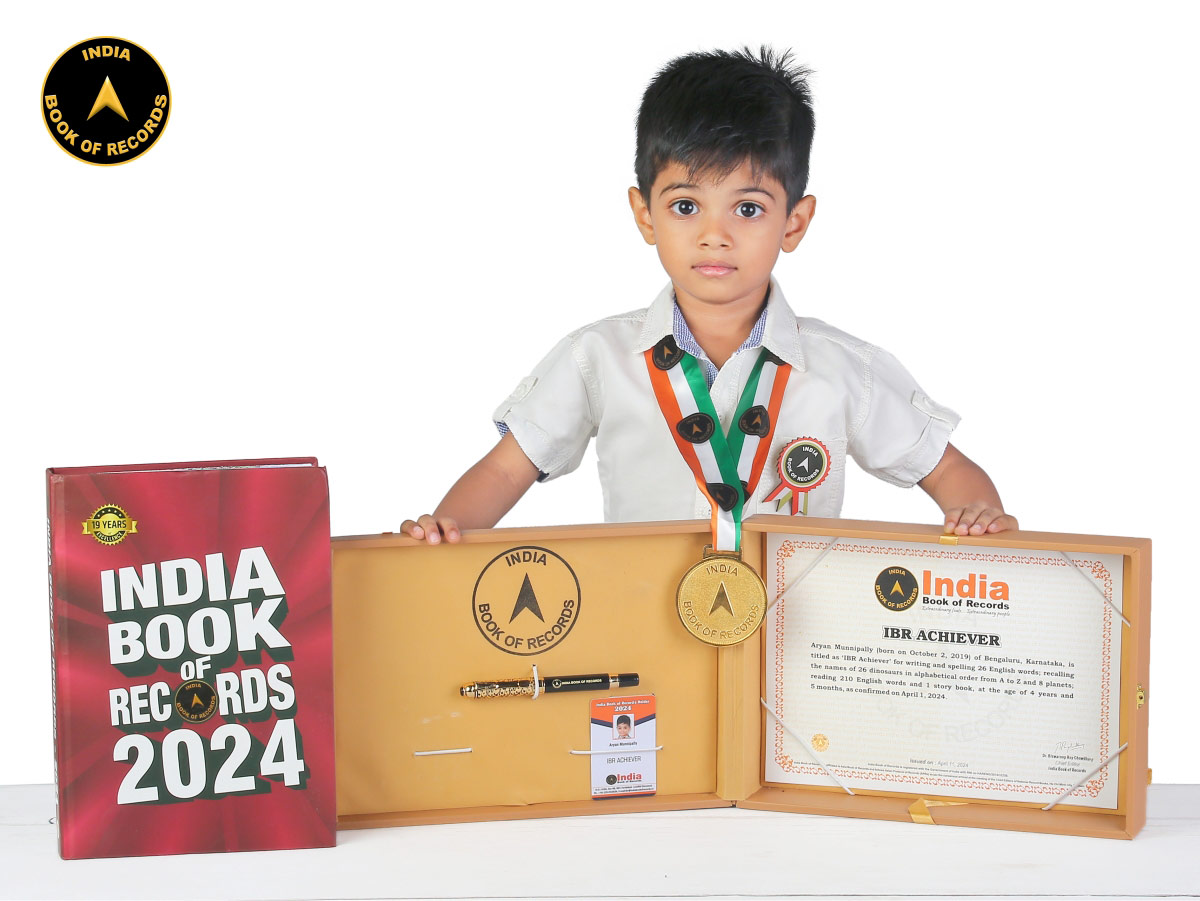 Aryan Munnipally Karnataka, is titled as ‘IBR Achiever’ for writing and spelling 26 English words; recalling the names of 26 dinosaurs in alphabetical order from A to Z and 8 planets #IBR #IndiaBookofRecords #record #records Read at: indiabookofrecords.in/aryan-munnipal…