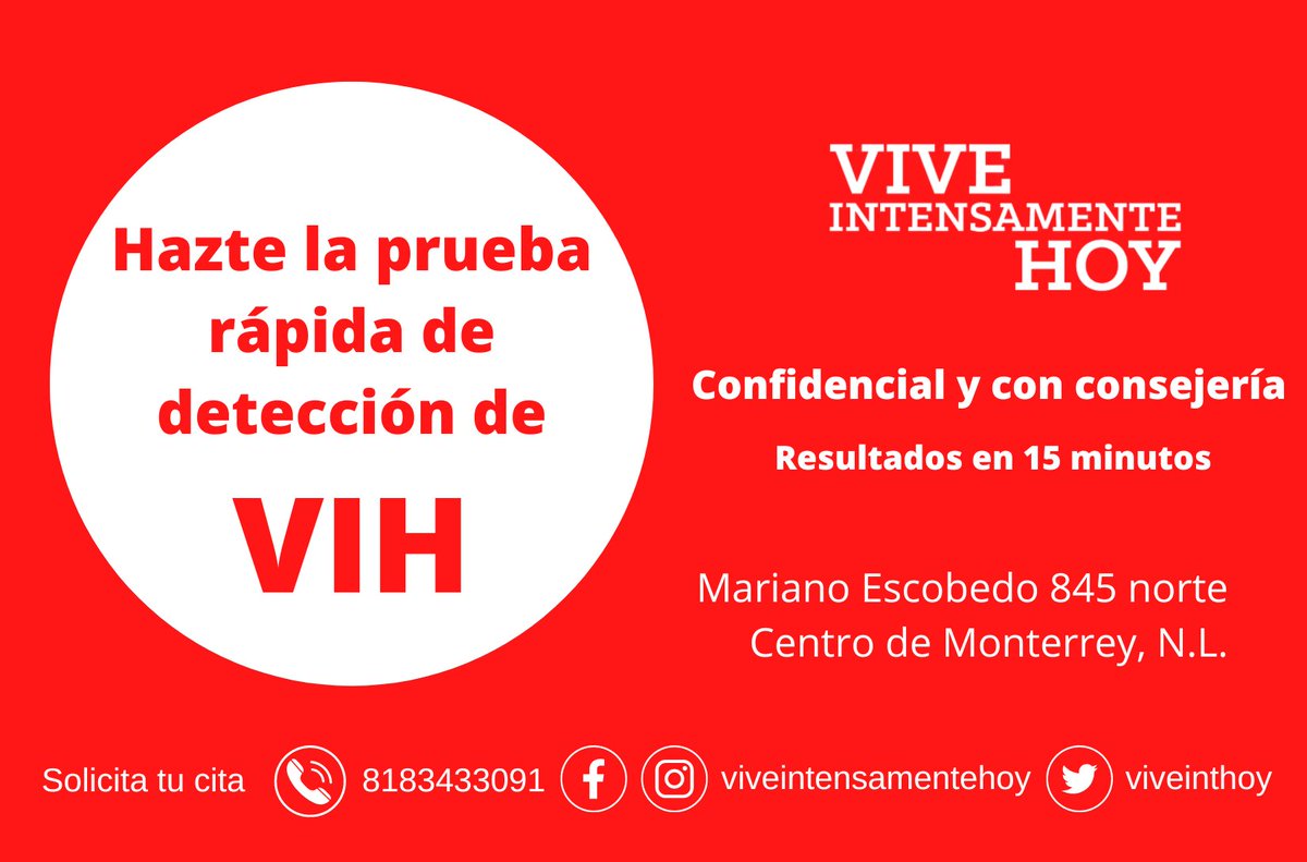 Si estás en #Monterrey, ven y hazte la prueba rápida de detección de VIH, confidencial y con consejería. Obtén tu resultado confiable en 15 minutos.
¡Además, llévate condones y lubricantes de regalo!🎁
Solicita tu cita por teléfono o mensaje directo.
#HazteLaPrueba