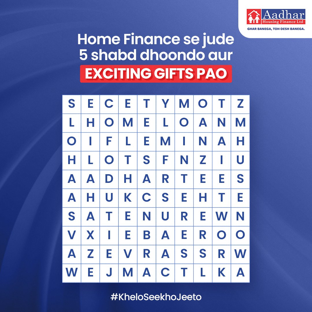 #ContestAlert Finding your perfect home needs a keen vision. Can you find 5 words related to Home Loan in this puzzle? Check the thread for contest rules. #Contest #AadharHousingFinance #ExcitingPrizes #Learn #HousingLoan #Finance