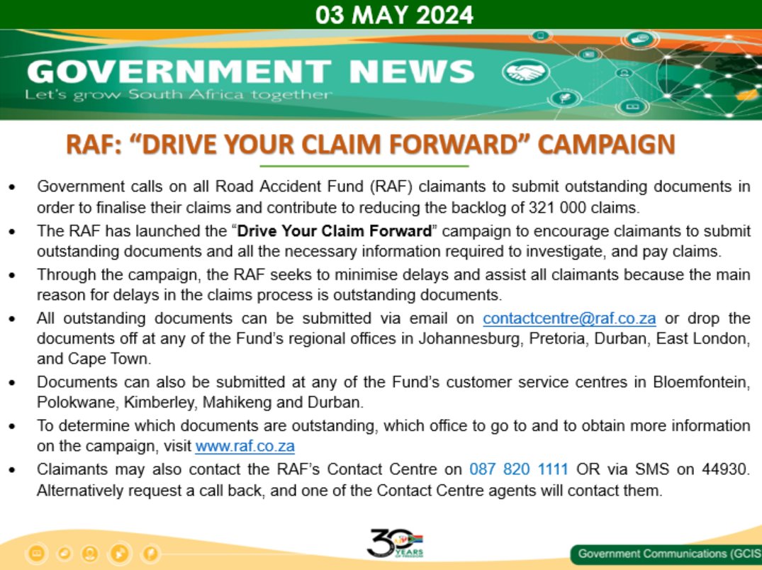 Government calls on all Road Accident Fund (RAF) claimants to submit outstanding documents in order to finalise their claims and contribute to reducing the backlog of 321 000 claims @GovernmentZA