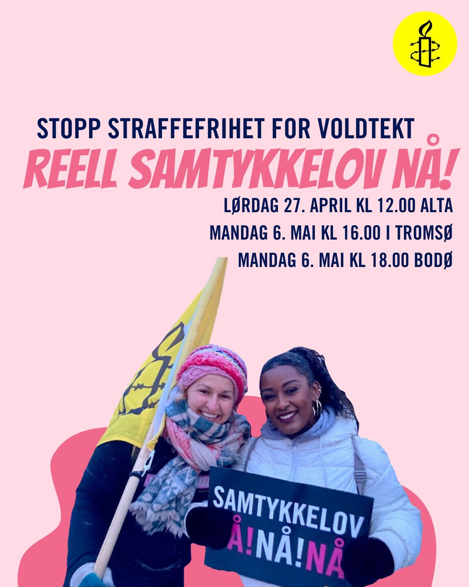 En av fem norske kvinner opplever voldtekt i løpet av livet. Støtt opp om markeringene i Tromsø og Bodø på mandag hvor vi ber om en reell #samtykkelov.
