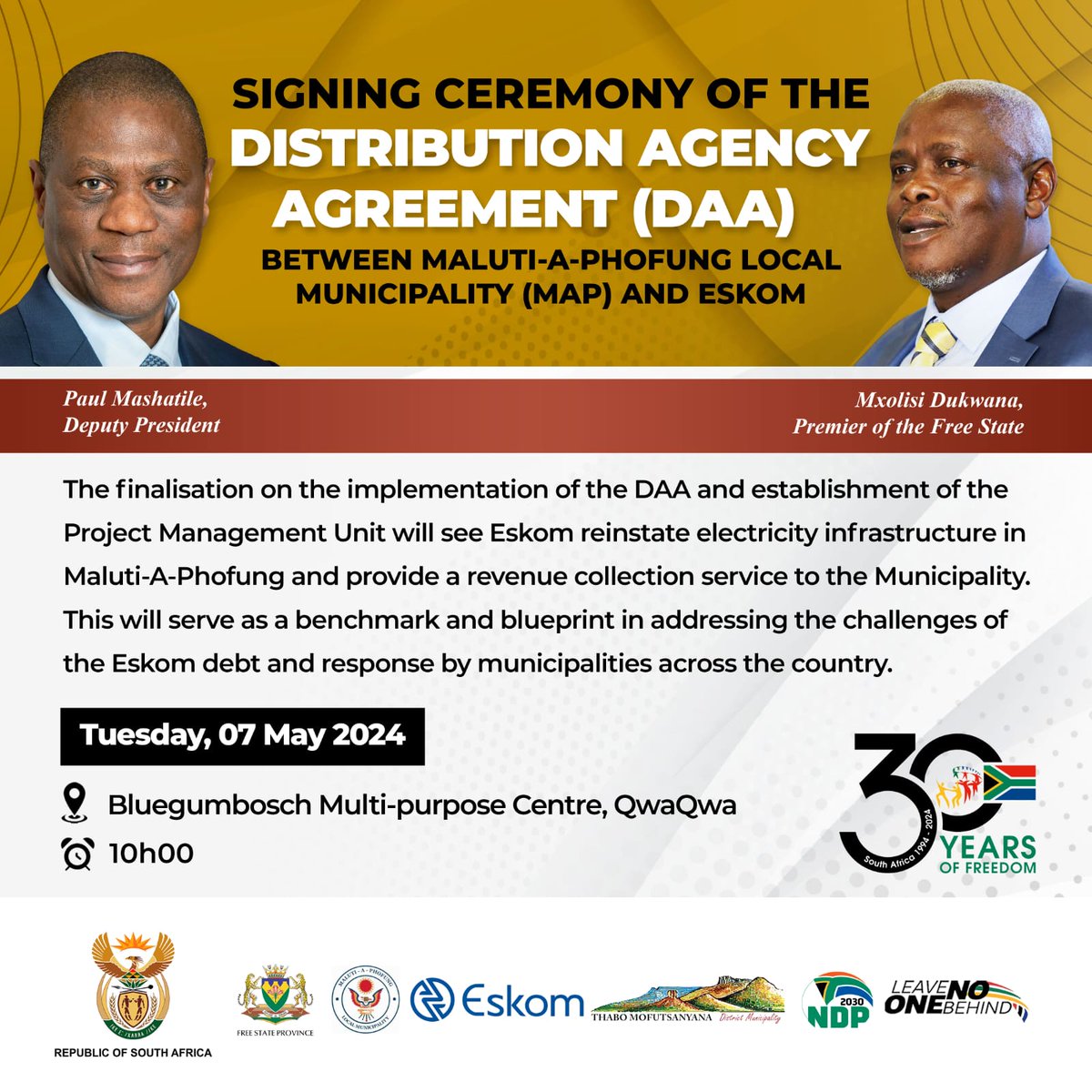 fsgov's tweet image. Signing Ceremony of the Distribution Agency Agreement (DAA)

Details are as follows:

Date: Tuesday, 07 May 2024
Venue: Bluegumbosch Multi-Purpose Centre,QwaQwa 
Time: 10H00