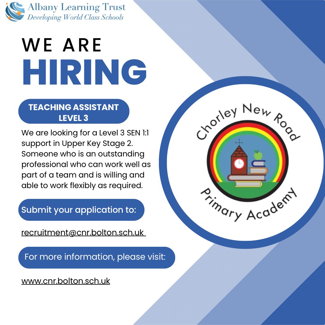 Are you a dedicated SEN practitioner passionate about ensuring every pupil reaches their full potential? We’re seeking a Level 3 SEN 1:1 support for UKS2! If you are ready to make a difference, apply now! tinyurl.com/2s3bu7s6
#vacancy #SENpractitoner #1to1support #jobrole #cnr