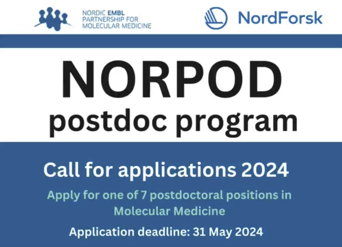 The brand new NordForsk-funded @NordicEMBL postdoc programme #NORPOD now welcomes applications for seven exciting collaborative postdoc positions! FIMM is involved in four of these projects - for further details and links please see the thread. projects.au.dk/nordic-embl-pa…