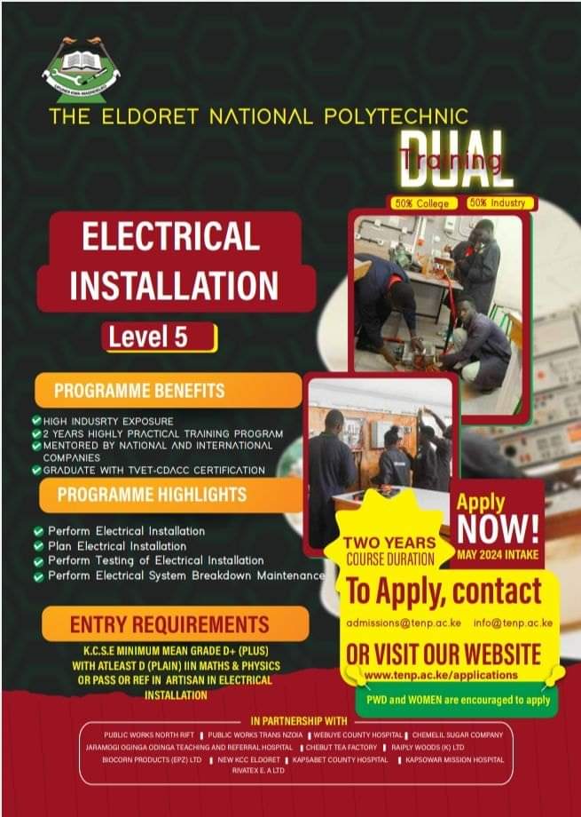 Embrace a future of endless possibilities with our Electrical Installation Level 5,Science Laboratory Level 6  and Dairy Farming Management Level 6
Join us this May Intake and take your skills to the new heights.
#tenp
#trainingcourse
#Mayintake2024