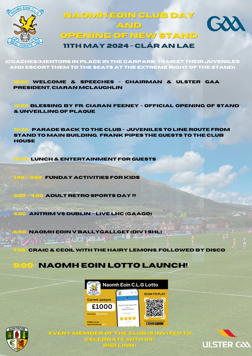 The excitment is building for our Club Day official opening of the stand at Corrigan Park on Saturday May 11th, as we welcome @AontroimGAA and @UlsterGAA to celebrate the occasion with @naomheoinclg members young and old. Bígí linn!