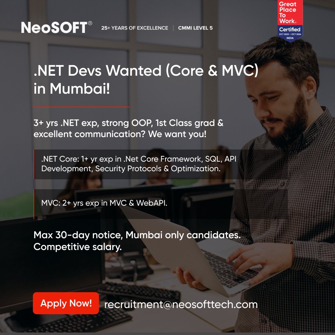 Calling Mumbai's .NET experts (Core & MVC)! 🚀  Join NeoSOFT & #buildforbillions! 💪 We're building transformative tech & ready to take your skills to the next level. 3+ yrs exp & strong OOP a must. Apply now! #HiringNow #DotNetDevelopers  🔗