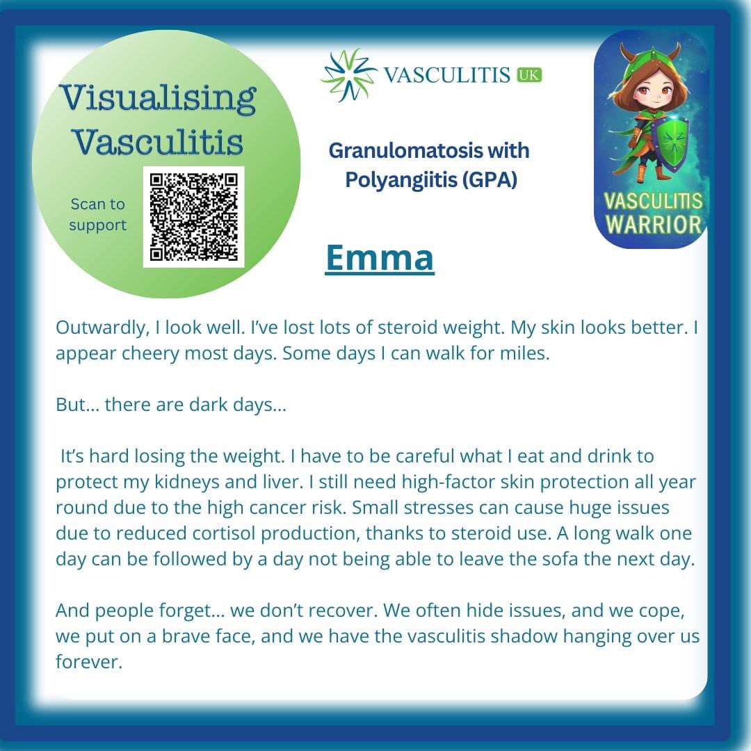 May - Day 3 #vasculitis awareness month. Granulomatosis of Polyangiitis ( GPA ) a type of ANCA associated vasculitis. This is Emma's “spoken from the heart” story Please support #VasculitisUK ‘s campaign this month to support #patients and #research - justgiving.com/campaign/visua…