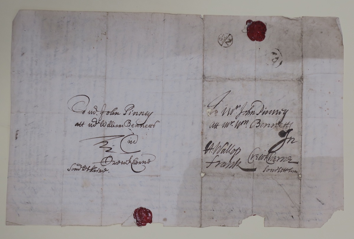 Nice example of #materiality in #LetterWriting:
Nathaniel Pinney saves a penny by getting his letter franked, rewriting the superscription to leave room for the frank!

Looks like H: Wallop is this guy:
historyofparliamentonline.org/volume/1690-17…