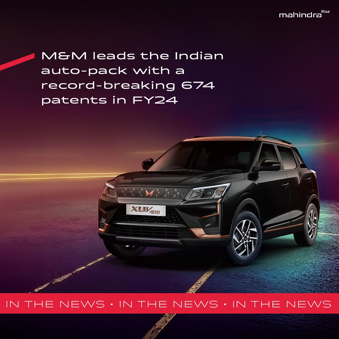 Mahindra & Mahindra [M&M] takes the lead in the Indian auto-pack with a remarkable 380% surge in the number of patents issued over FY23.

With cutting-edge technology and an unwavering passion for innovation, we #RiseToBeFutureReady @Mahindra_Auto 

To know more, visit link:…