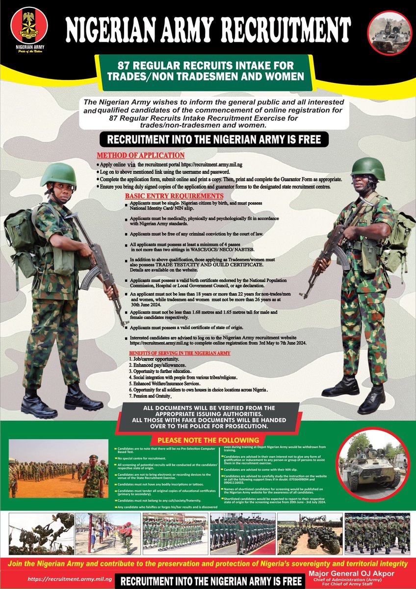 PUBLIC ANNOUNCEMENT FOR 87RRI NIGERIAN ARMY RECRUITMENT This is to inform the general public & all interested applicants that online application for 87 Regular Recruits Intake for Non-Tradesmen & Women has commenced. Application starts from 3rd May - 7th June 2024. Application…