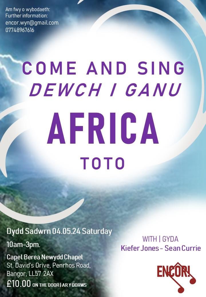 🎶*Tomorrow || Yfory* 🎶 Dewch draw i fwynhau cyd-ganu Africa, croeso cynnes yn eich disgwyl🎶 Come along to enjoy learning a choral arrangement of Africa, a warm welcome awaits 🎶 @CelfGwyneddArts @NWalesSocial @BangorWalesNews
