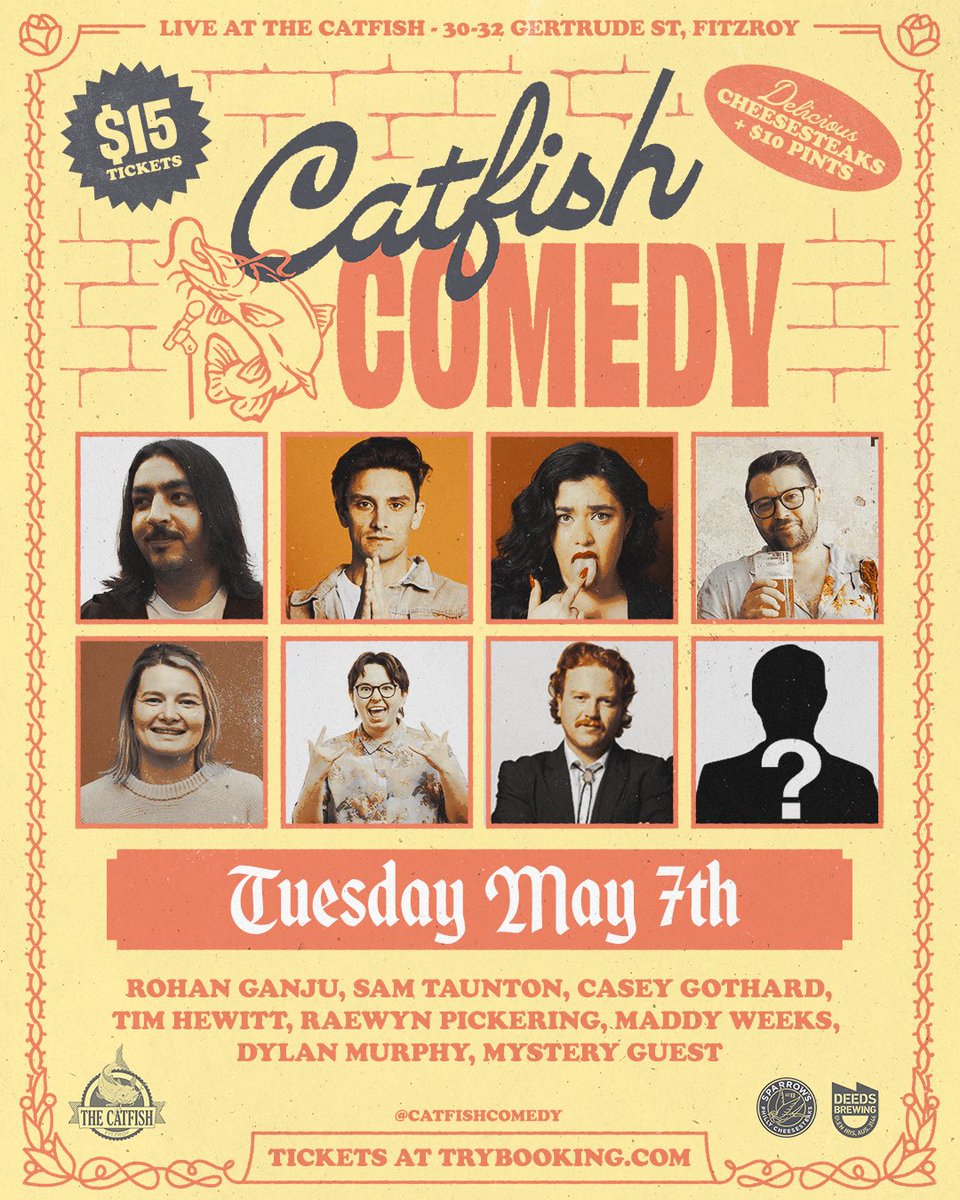 Another sick lineup this coming Tuesday at Catfish. Come down for some cheap beer, delicious cheesesteaks and some good comedy 🔥🔥🔥

trybooking.com/events/landing…

#melbourne #thingstodoinmelbourne #whatsonmelbourne #mict #comedy #melbournefoodie #melbournebars #melbournecomedyscene