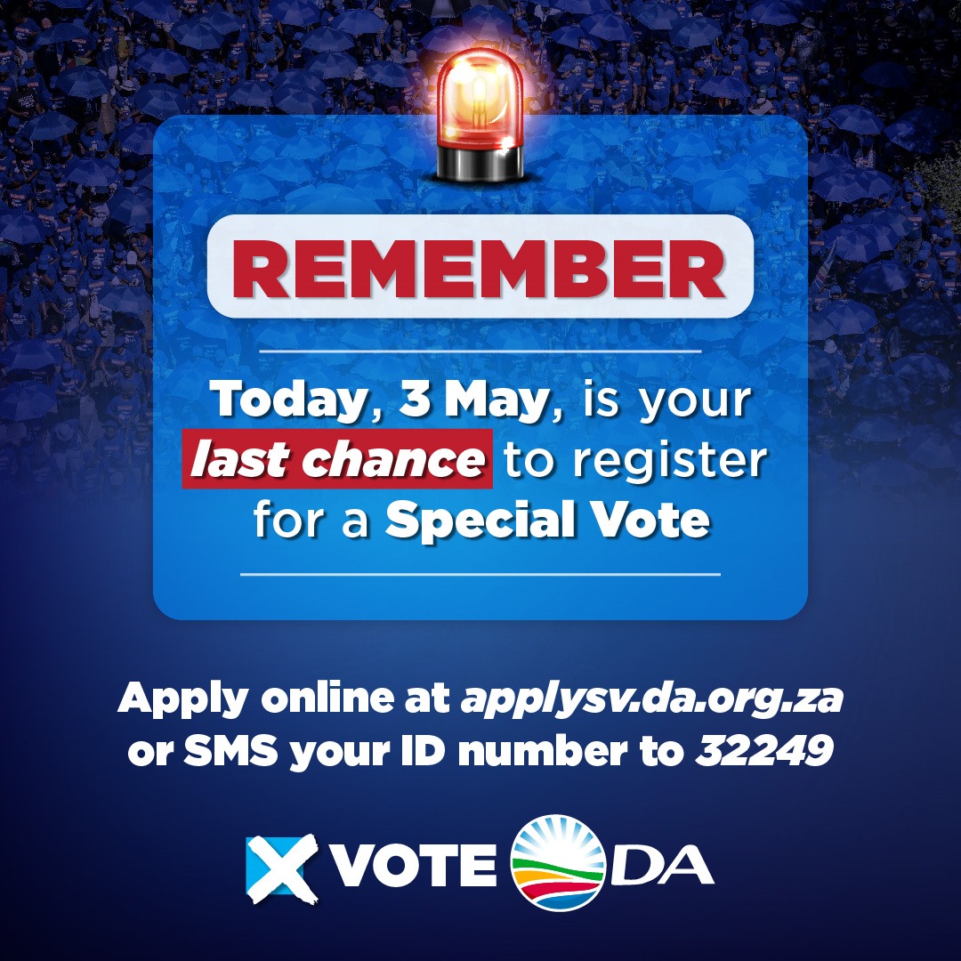 🚨 [REMINDER] Today is the FINAL day to apply for a Special Vote! If you want to vote on 27 or 28 May. Apply now at applysv.da.org.za or SMS your ID number to 32249. This is your chance to make a difference and help #RescueSA. Together, we can shape the future!

#VoteDA