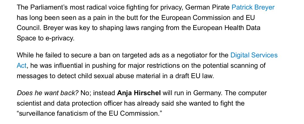 🇬🇧Politico describes me in the fight for our privacy as a 'a pain in the butt for the European Commission and EU Council' and mentions our greatest success: the EU Parliament's rejection of indiscriminate #ChatControl. 
@AnjaHirschel will continue our digital freedom fight!…