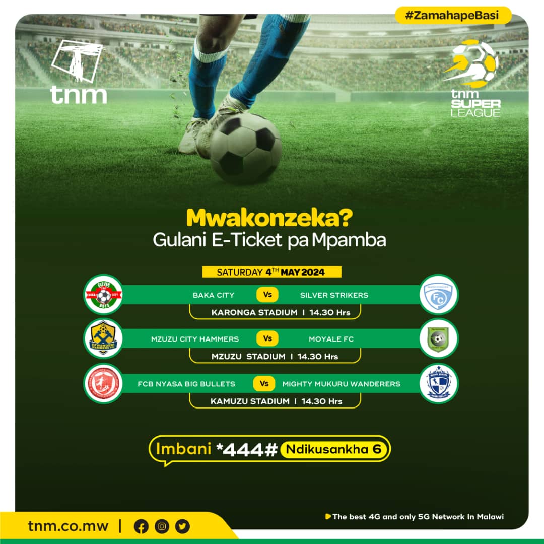 Sankhani kokayipemerera mawa lino mu masewero a TNM Super League! Gulani tikiti yanu pa Mpamba ndipo ngati mulibe Khadi Mbambande imbani *444#, sankhani 5, sankhaninso 5 ndikusankha 1 ya khadi ya pompopompo kapena 2 khadi yokatengera ku shopu ya TNM.

#TNM
#TNMSuperLeague