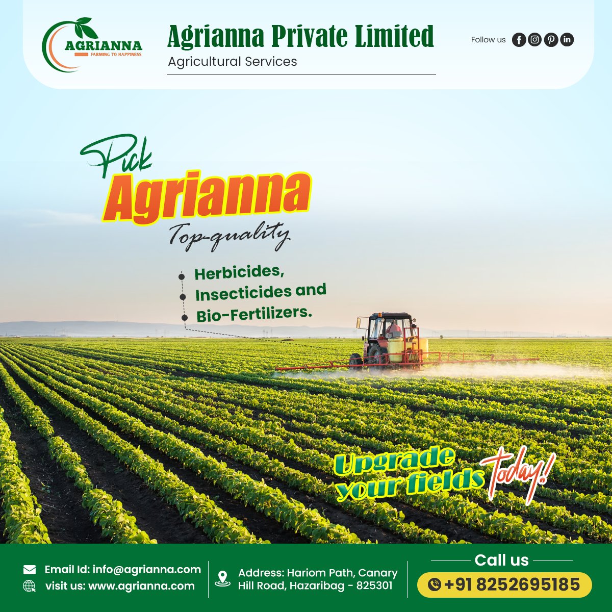 Pick Agrianna's top-quality Herbicides, Insecticides, and Bio-Fertilizers. Upgrade your fields today!🌱🚜
Reach us -
Address-Hariom Path, Canary Hill Road, Hazaribag - 825301
#agrianna #cattlefeed #feed #agricultutre #agriproducts #productivity #greenfuture #pesticides