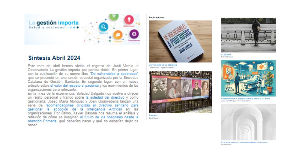 Societat de Gestió Sanitària (@gestiosanitaria) on Twitter photo 📩 Recupera la newsletter Síntesis del Observatorio #Lagestionimporta
🧠 Sobre respeto y #patientexperiencie, #IA y #gestió, soledad del gestor, hospital del futuro y más
✍️ Artículos @gesclinvarela <a href="/sodeza78/">Soledad Delgado</a> <a href="/XBayona/">Xavier Bayona 🎗</a> <a href="/joanguanyabens/">Joan Guanyabens</a> <a href="/JM_Monguet/">JM Monguet</a>
👉 tuit.cat/ruyL0 📩 Recupera la newsletter Síntesis del Observatorio #Lagestionimporta
🧠 Sobre respeto y #patientexperiencie, #IA y #gestió, soledad del gestor, hospital del futuro y más
✍️ Artículos @gesclinvarela <a href="/sodeza78/">Soledad Delgado</a> <a href="/XBayona/">Xavier Bayona 🎗</a> <a href="/joanguanyabens/">Joan Guanyabens</a> <a href="/JM_Monguet/">JM Monguet</a>
👉 tuit.cat/ruyL0