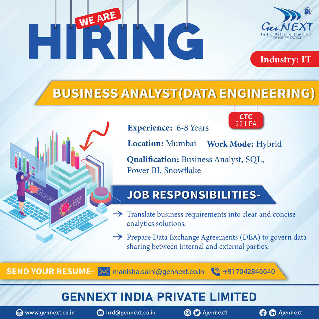 #UrgentHiring 💼📢🎯

Position: Business Analyst (Data Engineering)
Location: Mumbai
Work Mode: Hybrid
CTC: 22 LPA

#BusinessAnalyst #Analyst #Data #PowerBI #SQL #Engineering #IT #Snowflake #hiringnow #jobsearching #gennextjob #gennexthiring #GenNext #hiring2024