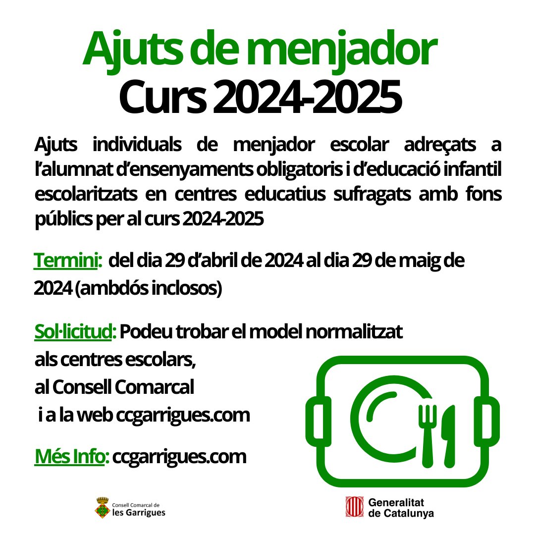 📢 Ajuts de menjador escolar per al curs 2024-2025! 🍽️  🗓️ Sol·licita del 29 d'abril al 29 de maig! 🔗 Més info a ccgarrigues.com #AjutsMenjador #Educació #SuportEscolar #Curs20242025 #lesGarrigues #CCGarrigues