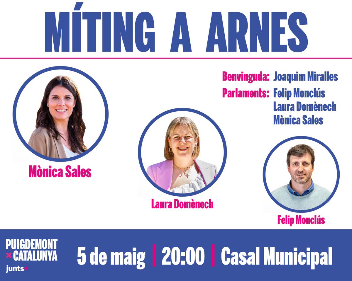 MÍTING A ARNES‼️ 🗓️ Diumenge, 5 de maig. 🕖 A les 20:00h. 📍Casal Municipal. 👋🏻 Us hi esperem a tothom! #PuigdemontPresident