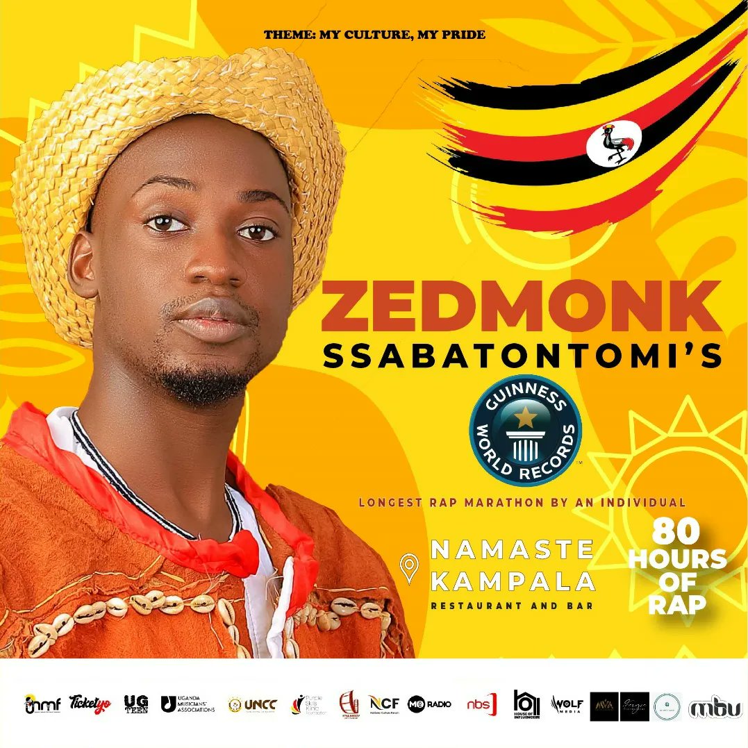 The party has already started ! . Rapper Zedmonk Ssabatontomi will be setting the new Guinness World record for the longest rap marathon at Namaste Kampala. Free Entrance for everyone. #ZedmonksWorldRecord