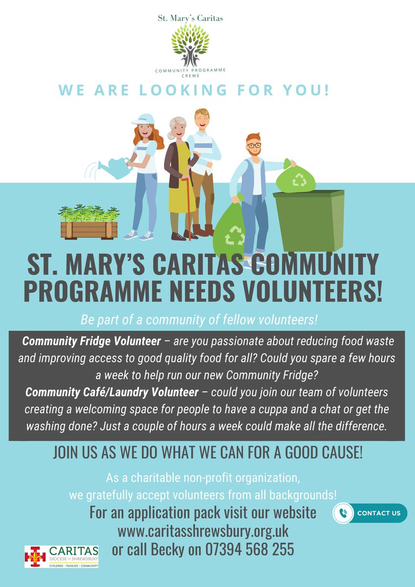 #CaritasShrewsbury is looking for #Volunteers at our #Crewe #CommunityCentre Get in touch to find out more...caritasshrewsbury.org.uk/get-involved/v…