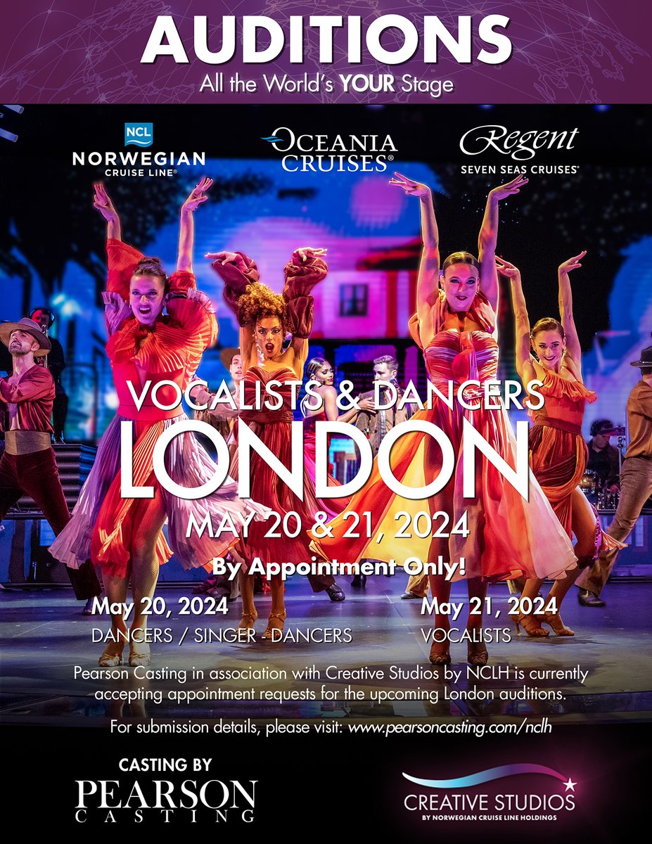 LONDON CASTING! Seeking outstanding production cast for Creative Studios By Norwegian Cruise Line Holdings. Full Breakdown out on @spotlightuk and here - pearsoncasting.com/nclh Auditions by invitation only. #dancers #singerdancers #vocalists #cruise #travel #auditions