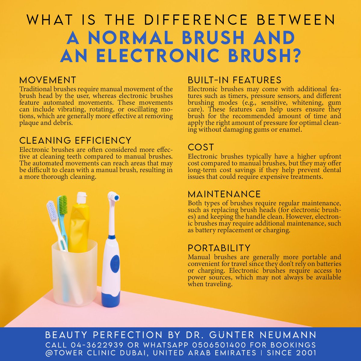 What is the difference between a normal brush and an electronic brush? 🪥
Please call 04-3622939 or WhatsAPP 0506501400 for bookings.
#Dubai #Dental #Dentist #Teeth #Clinic #TowerClinic #DubaiDentist #DubaiClinic #DentalHealth #OralCare #DentistVisit #DentalCheckup #OralHygiene