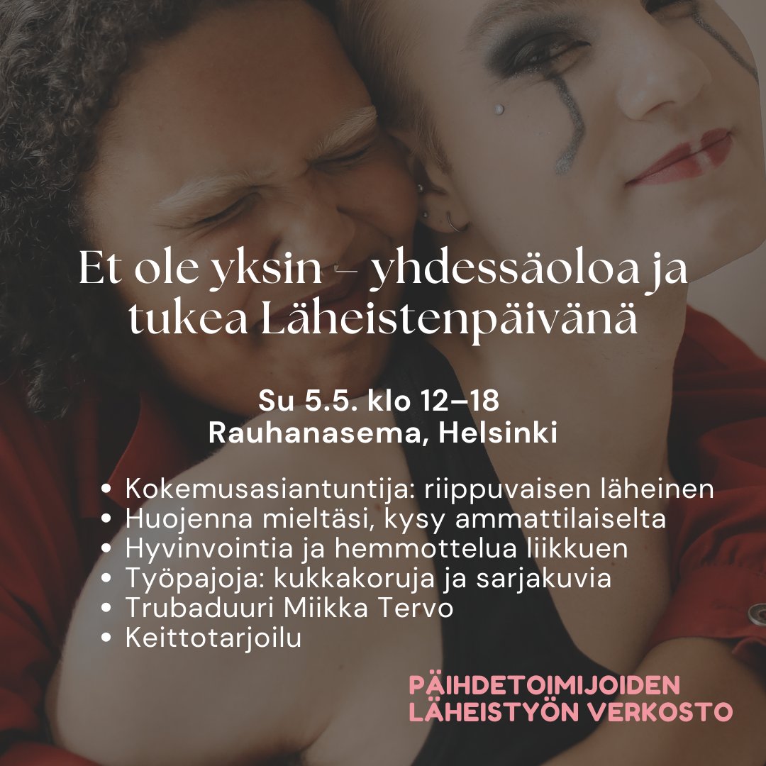 Aiheuttaako läheisesi päihderiippuvuus huolta? Lämpimästi tervetuloa sunnuntaina 5.5. klo 12-18 Helsingin Pasilaan Läheistenpäivänä. Maksuttomassa tapahtumassa mahdollisuus jutella ammatilaisen kanssa, vertaistukea, työpajoja ja lounas. Lisätietoa tukea: laheistenpaiva.fi