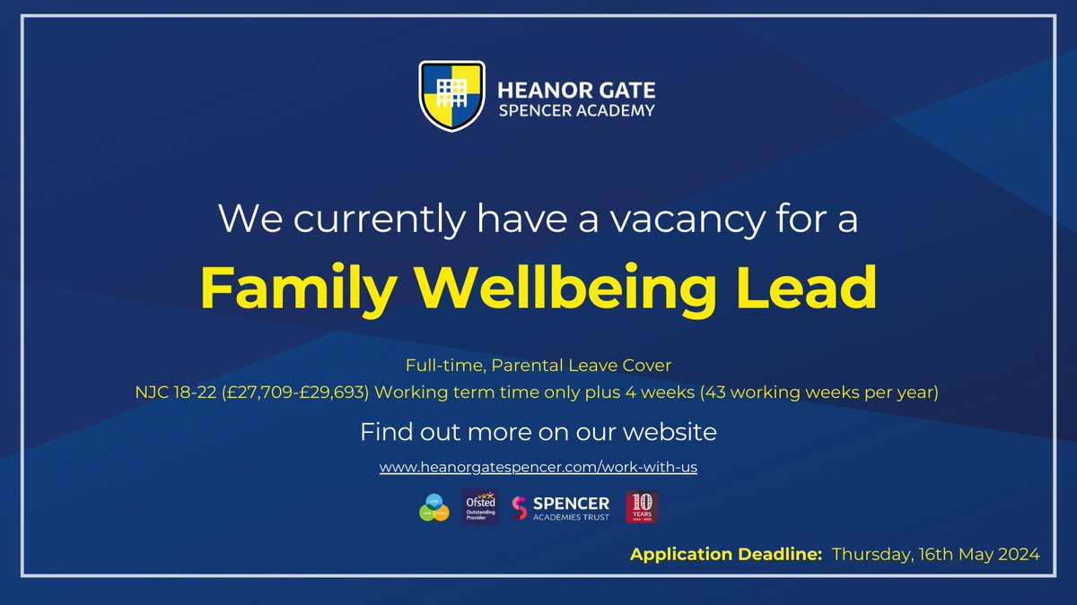 We are seeking to appoint an enthusiastic, committed and reliable individual to work with a newly formed Wellbeing Team, providing emotional support strategies to the students and their wider family/carer networks. heanorgatespencer.org.uk/work-with-us/