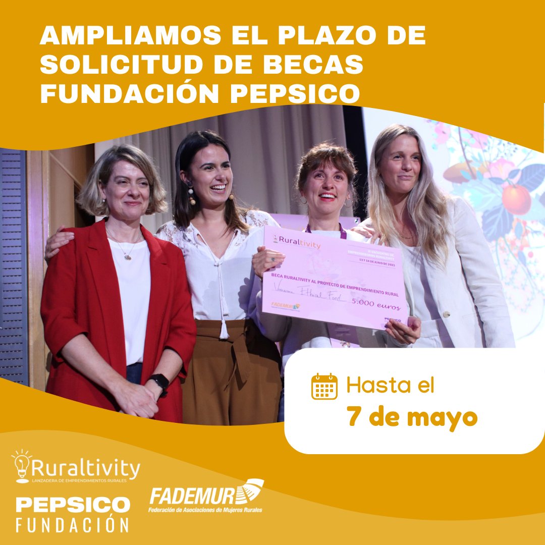 PepsiCo_ESP's tweet photo. Última llamada para las emprendedoras rurales de #Ruraltivity👩‍🌾

Junto con @fademur hemos ampliado el plazo de solicitud de becas #FundaciónPepsiCo para impulsar los negocios de las mujeres rurales. 

📅Hasta el 7 de mayo. 

📝https://t.co/wEBeg7gubA https://t.co/WpcgUpm17e
