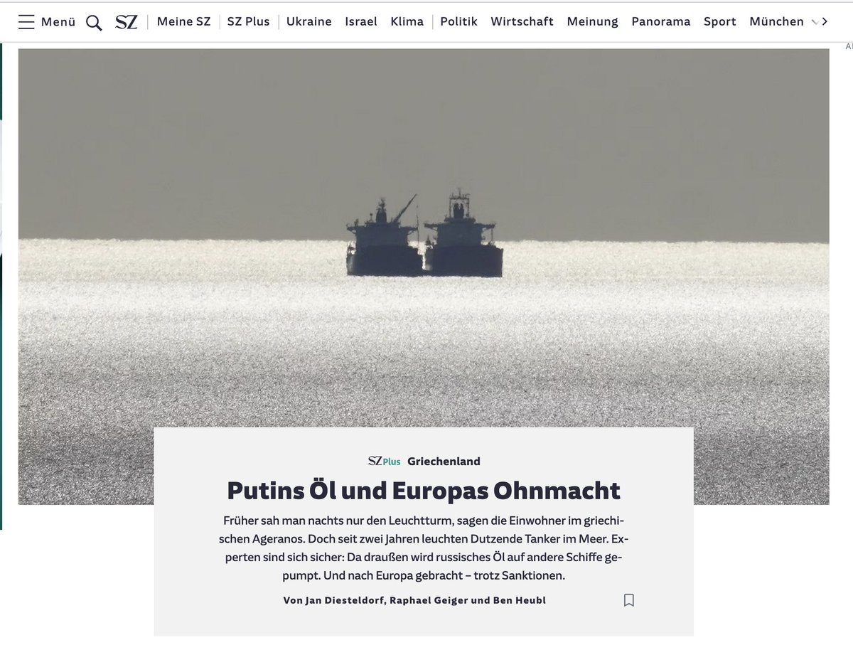 Riesen Spaß als @SZ_Investigativ mit @Willmroth & @Raphaelgeiger diese monatelange Recherche abzuschließen. Wie 🇬🇷 Behörden Rus Schattenflotte unterstützt, um Öl 'reinzuwaschen' & es in der EU landet, das Risiko der Umweltkatastrophe, all das beschäftigt. sueddeutsche.de/projekte/artik…